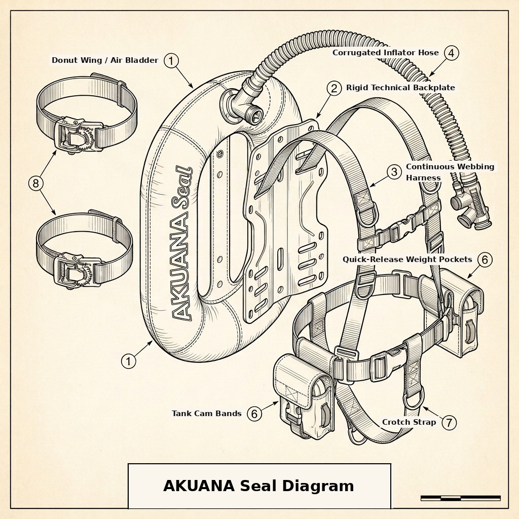 איור מבט פיצוץ מפורט למאזן AKUANA Seal וכנף כולל כותרות באנגלית