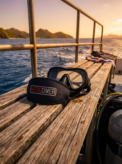 HERODIVER Neoprene Mask Strap Cover - On Teak Boat Bench (3:4)