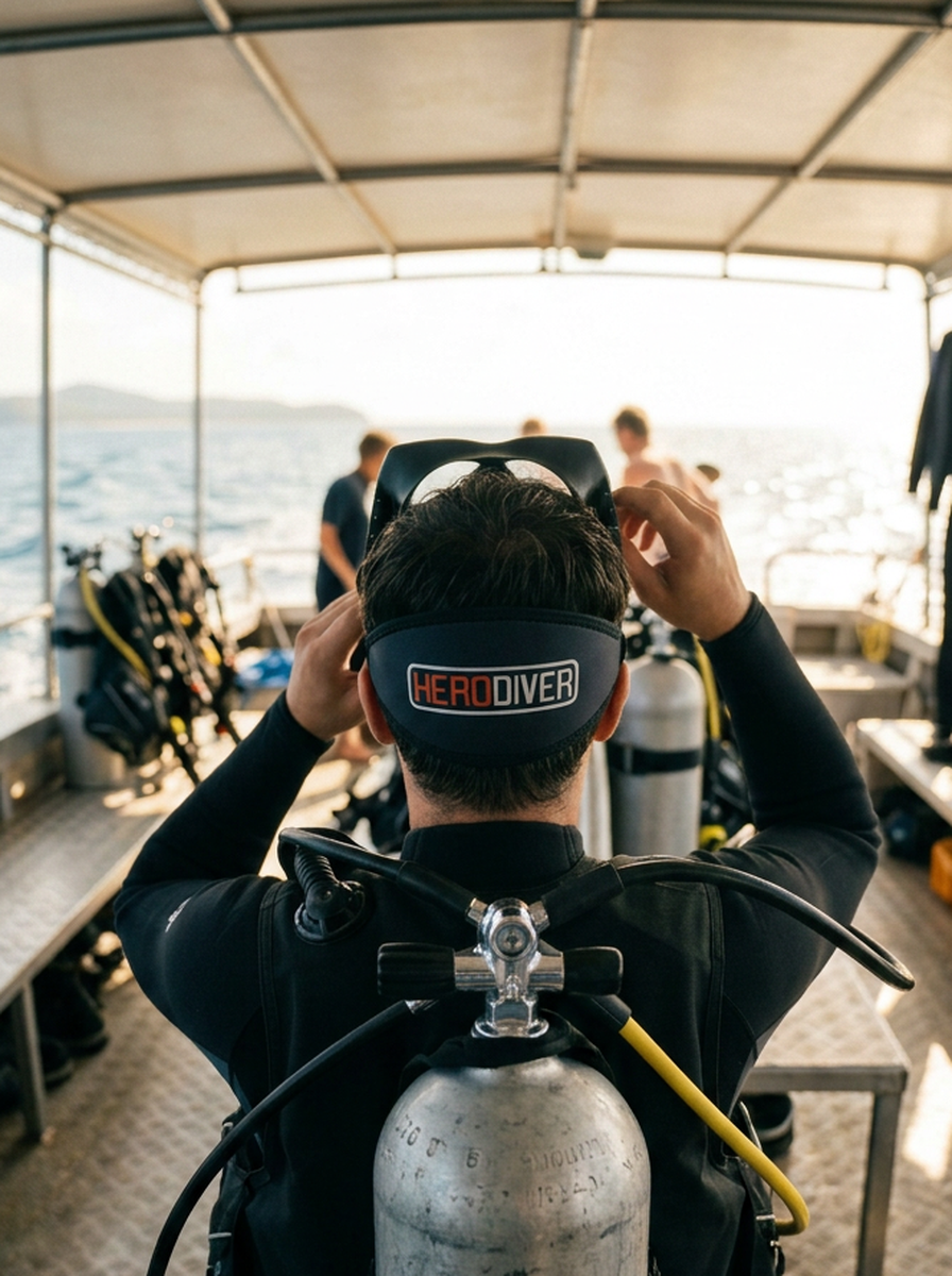 HERODIVER Neoprene Mask Strap Cover - Pre-Dive Boat Prep Close-Up (3:4)